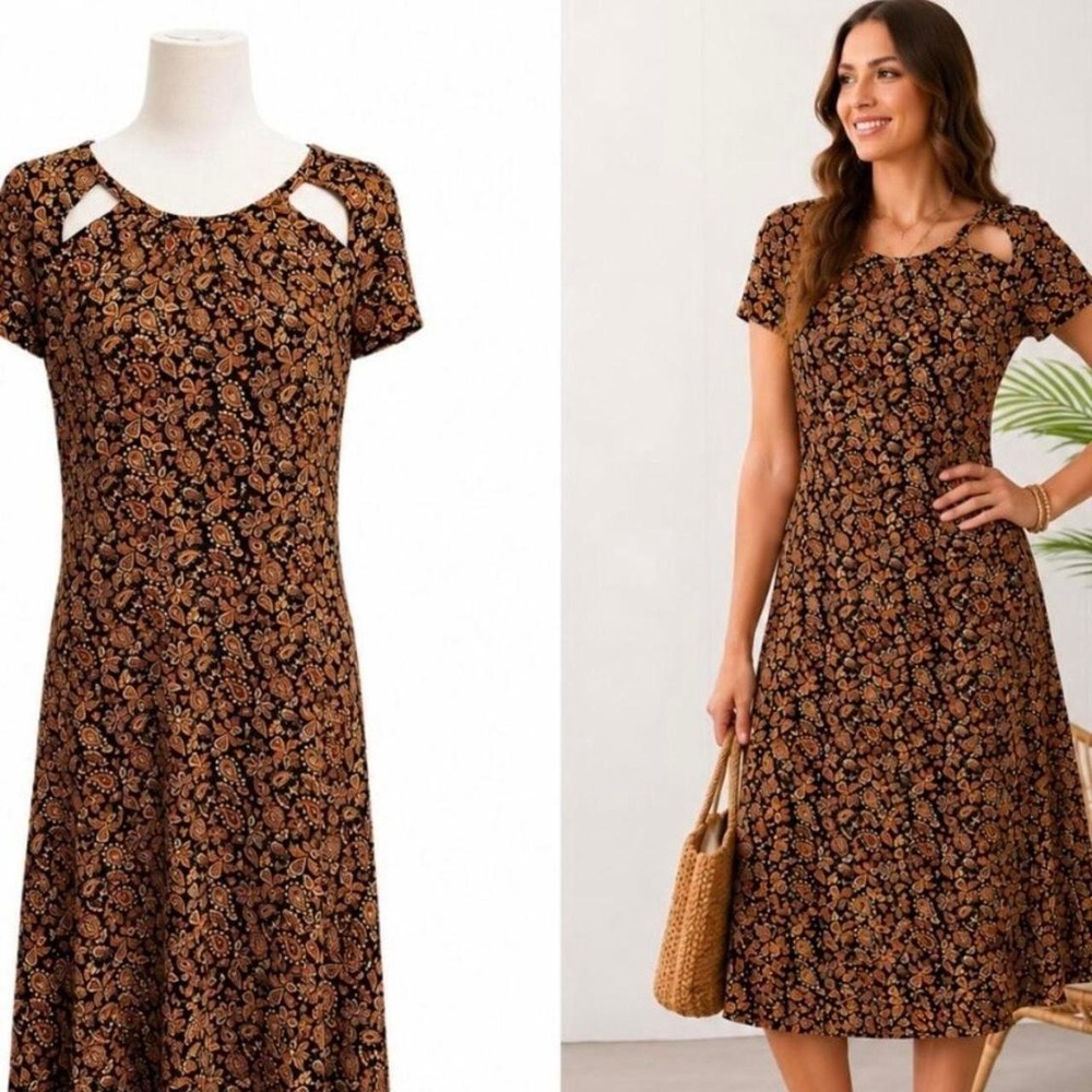 Michael Kors Paisley Boho Floral Cutout Neckline Midi Dress Orange Black Size L